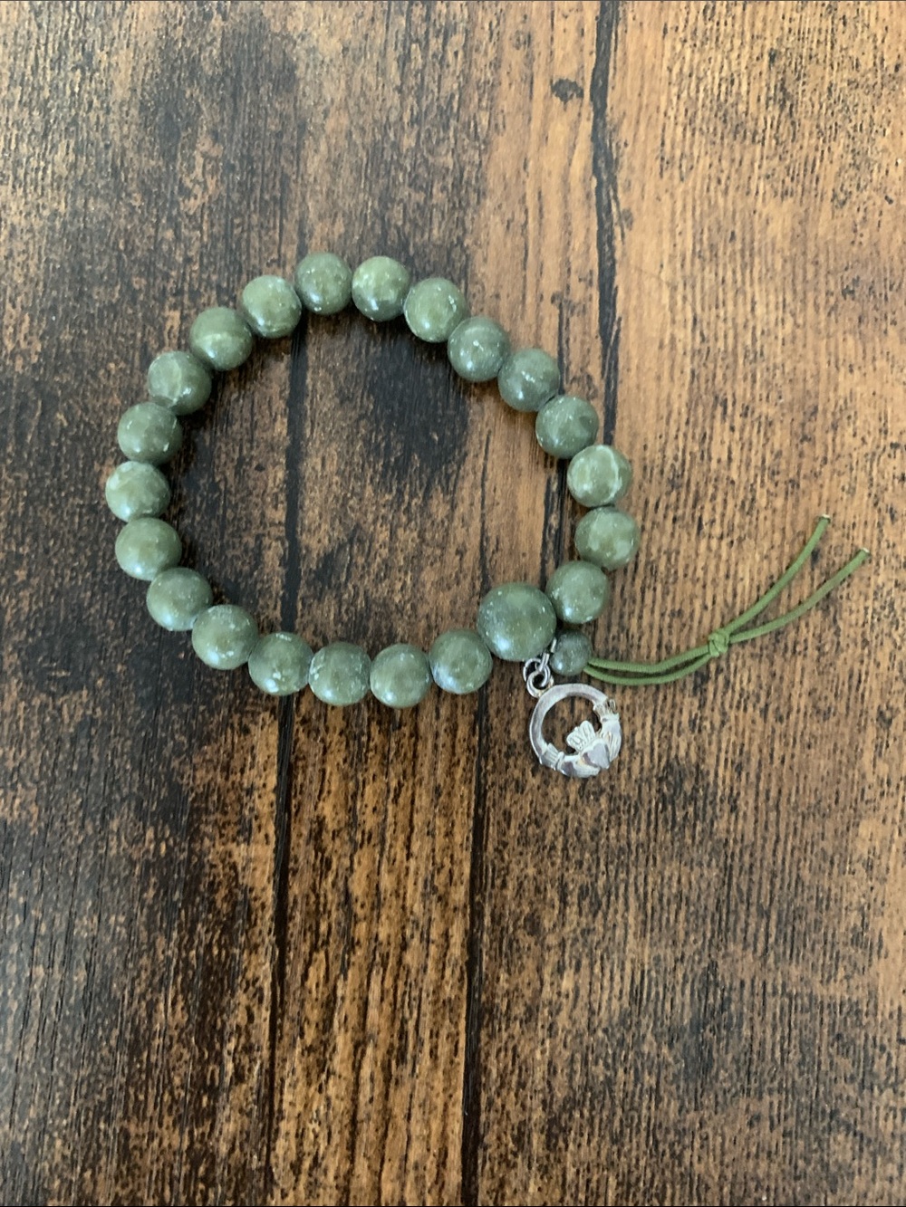 Green Beaded Stretch Bracelet with Lotus Charm